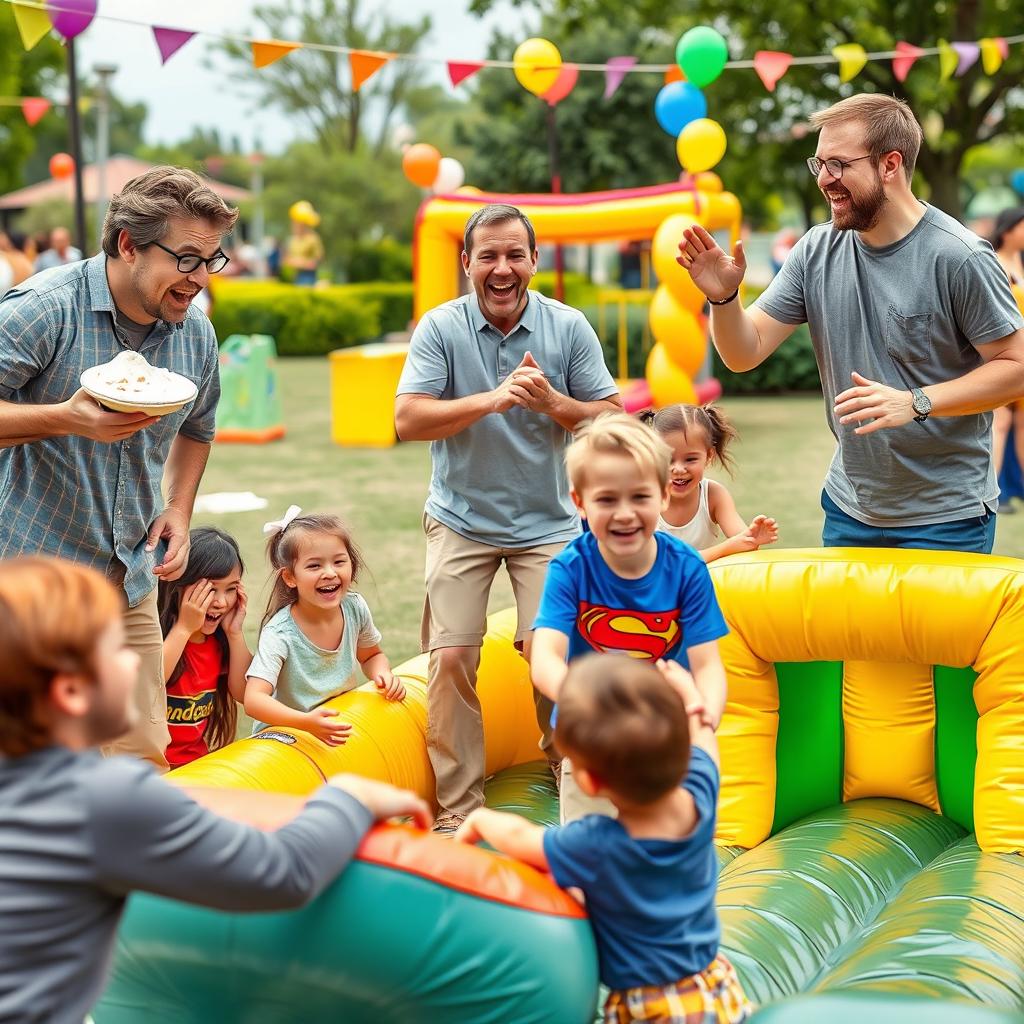 A playful scene featuring a group of adult male friends engaging in humorous challenges, designed to elicit laughter and joy