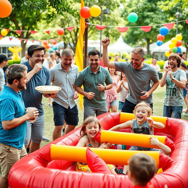 A playful scene featuring a group of adult male friends engaging in humorous challenges, designed to elicit laughter and joy