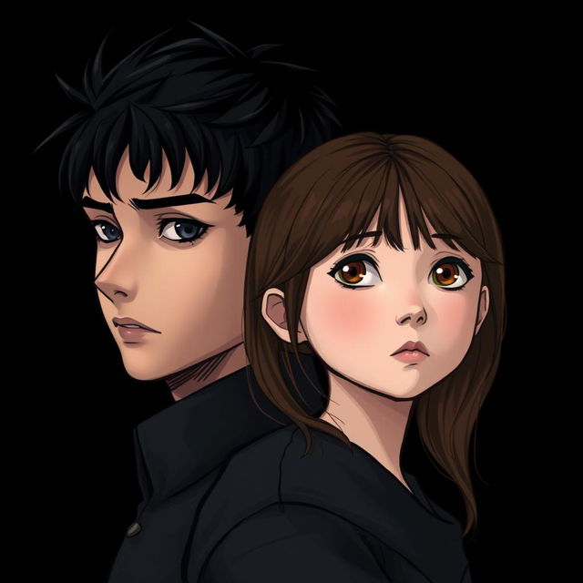 A boy with black hair and handsome features standing behind a girl with brown hair, who has innocent eyes and is gazing blankly into the distance