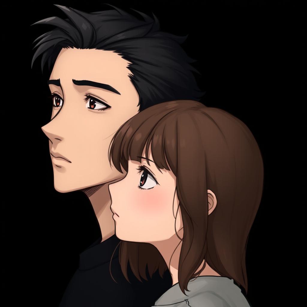 A boy with black hair and handsome features standing behind a girl with brown hair, who has innocent eyes and is gazing blankly into the distance