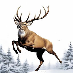 A high-quality comic-style digital art image featuring a majestic, full-bodied deer with a large, imposing antler, leaping in mid-air