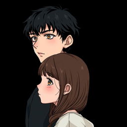 A boy with black hair and handsome features standing behind a girl with brown hair, who has innocent eyes and is gazing blankly into the distance