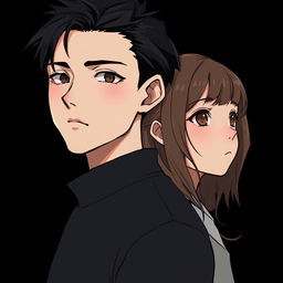A boy with black hair and handsome features standing behind a girl with brown hair, who has innocent eyes and is gazing blankly into the distance