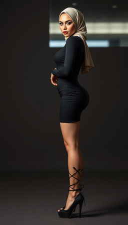 A modern Arab woman in her 40s with white skin and a fit physique, showcased in a full body view