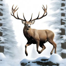 A high-quality comic-style digital art image featuring a majestic, full-bodied deer with a large, imposing antler, leaping in mid-air