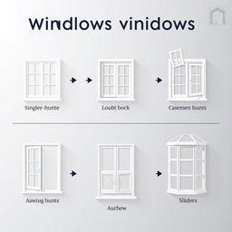 A visually stunning diagram showcasing various types of window constructions used in architecture, featuring detailed illustrations of single-hung windows, double-hung windows, casement windows, awning windows, sliders, and bay windows