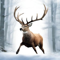 A high-quality comic-style digital art image featuring a majestic, full-bodied deer with a large, imposing antler, leaping in mid-air