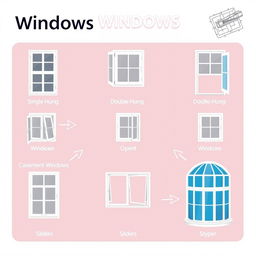 A visually stunning diagram showcasing various types of window constructions used in architecture, featuring detailed illustrations of single-hung windows, double-hung windows, casement windows, awning windows, sliders, and bay windows