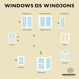 A visually stunning diagram showcasing various types of window constructions used in architecture, featuring detailed illustrations of single-hung windows, double-hung windows, casement windows, awning windows, sliders, and bay windows