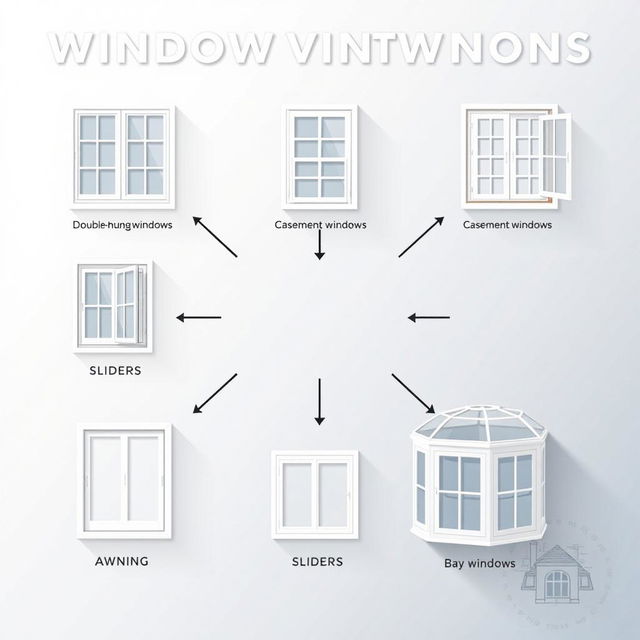 A visually stunning diagram showcasing various types of window constructions used in architecture, featuring detailed illustrations of single-hung windows, double-hung windows, casement windows, awning windows, sliders, and bay windows