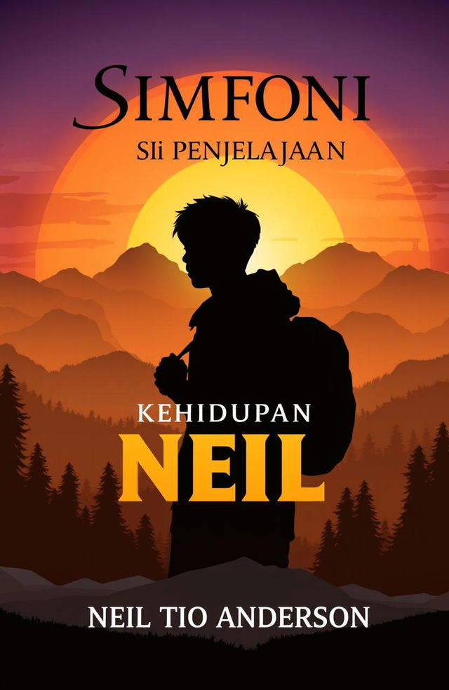 A stunning book cover design for a historical story titled "Simfoni Kehidupan Neil si Penjelajah" by the author "Neil Tio Anderson"