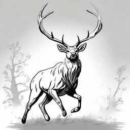 A high-quality, manga-style digital art image displaying a majestic, full-bodied deer with a large, imposing antler, leaping in mid-air