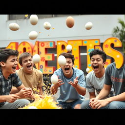 A lively and humorous scene featuring a group of teenage boys engaged in fun challenges, specifically focused on exploding eggs as part of their activities