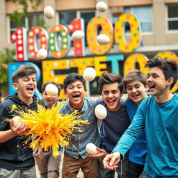 A lively and humorous scene featuring a group of teenage boys engaged in fun challenges, specifically focused on exploding eggs as part of their activities