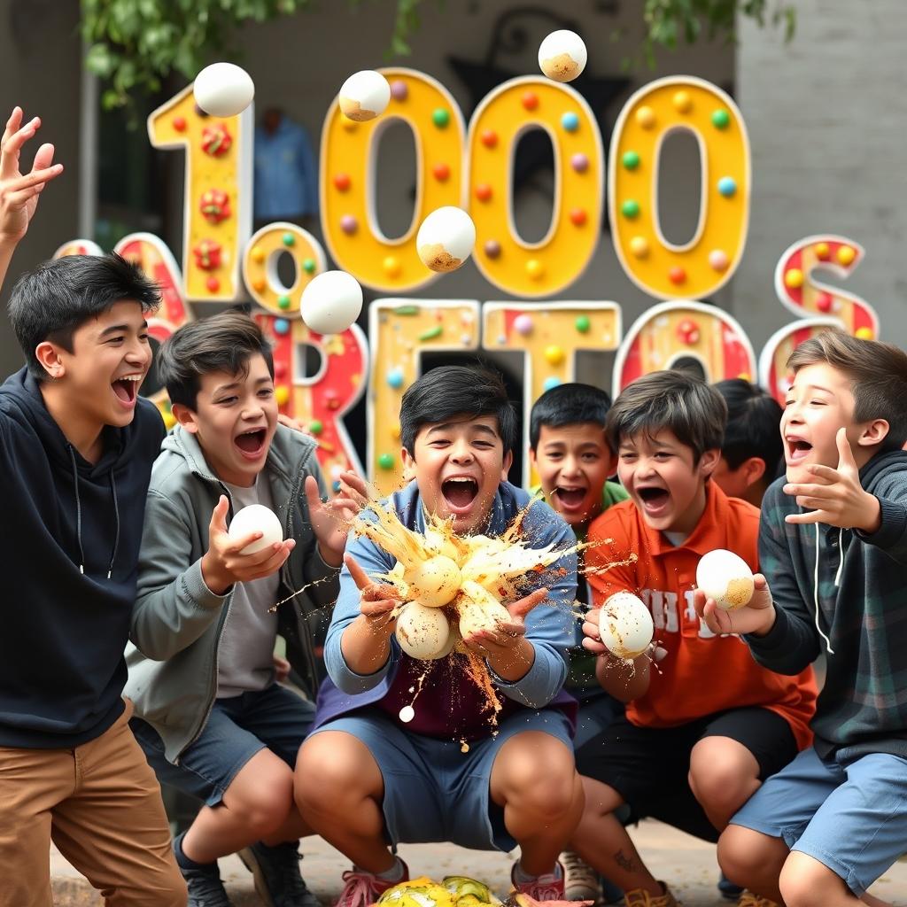 A lively and humorous scene featuring a group of teenage boys engaged in fun challenges, specifically focused on exploding eggs as part of their activities