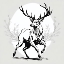 A high-quality, manga-style digital art image displaying a majestic, full-bodied deer with a large, imposing antler, leaping in mid-air