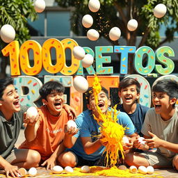 A lively and humorous scene featuring a group of teenage boys engaged in fun challenges, specifically focused on exploding eggs as part of their activities