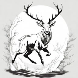 A high-quality, manga-style digital art image displaying a majestic, full-bodied deer with a large, imposing antler, leaping in mid-air