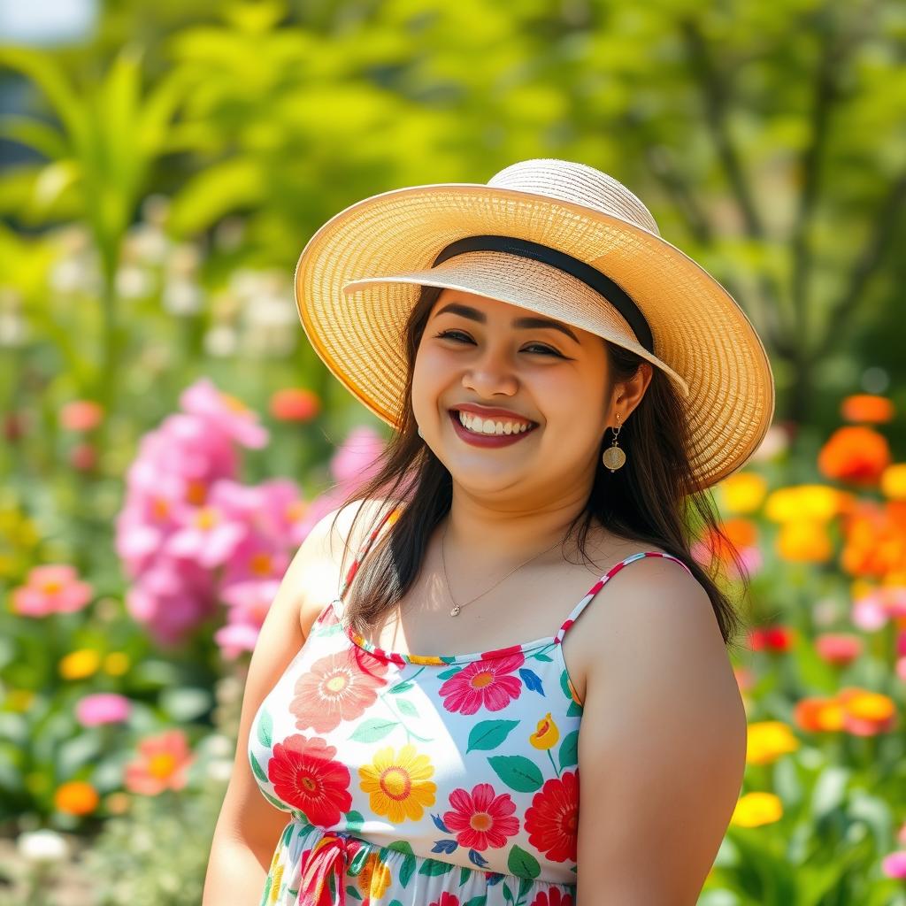 A cheerful, chubby Asian woman with a bright smile, wearing a colorful summer dress and a wide-brimmed hat, enjoying a sunny day in a vibrant garden surrounded by blooming flowers