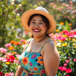 A cheerful, chubby Asian woman with a bright smile, wearing a colorful summer dress and a wide-brimmed hat, enjoying a sunny day in a vibrant garden surrounded by blooming flowers