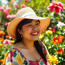 A cheerful, chubby Asian woman with a bright smile, wearing a colorful summer dress and a wide-brimmed hat, enjoying a sunny day in a vibrant garden surrounded by blooming flowers