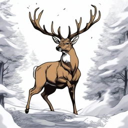 A high-quality, colored manga-style digital art image showcasing a majestic, full-bodied deer with a large, imposing antler, leaping in mid-air