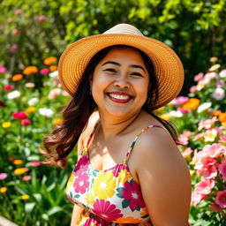 A cheerful, chubby Asian woman with a bright smile, wearing a colorful summer dress and a wide-brimmed hat, enjoying a sunny day in a vibrant garden surrounded by blooming flowers