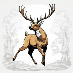 A high-quality, colored manga-style digital art image showcasing a majestic, full-bodied deer with a large, imposing antler, leaping in mid-air