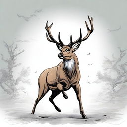 A high-quality, colored manga-style digital art image showcasing a majestic, full-bodied deer with a large, imposing antler, leaping in mid-air