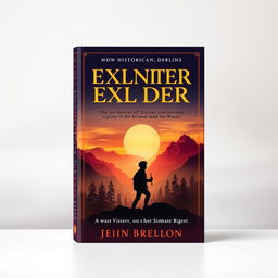 A stunning book cover design for a historical story featuring a striking silhouette of a young explorer in a scenic landscape with mountains and forests, suggesting adventure and exploration