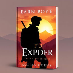 A stunning book cover design for a historical story featuring a striking silhouette of a young explorer in a scenic landscape with mountains and forests, suggesting adventure and exploration