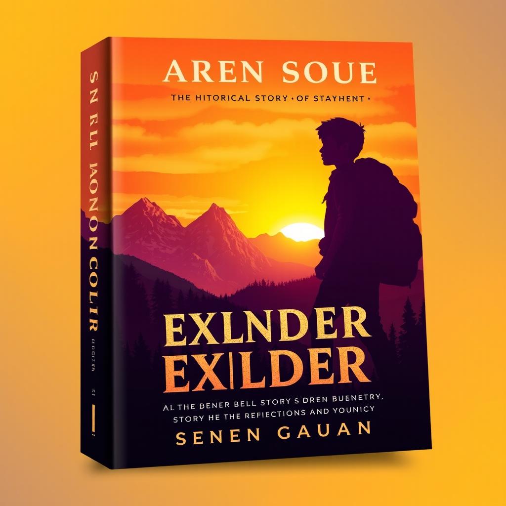 A stunning book cover design for a historical story featuring a striking silhouette of a young explorer in a scenic landscape with mountains and forests, suggesting adventure and exploration