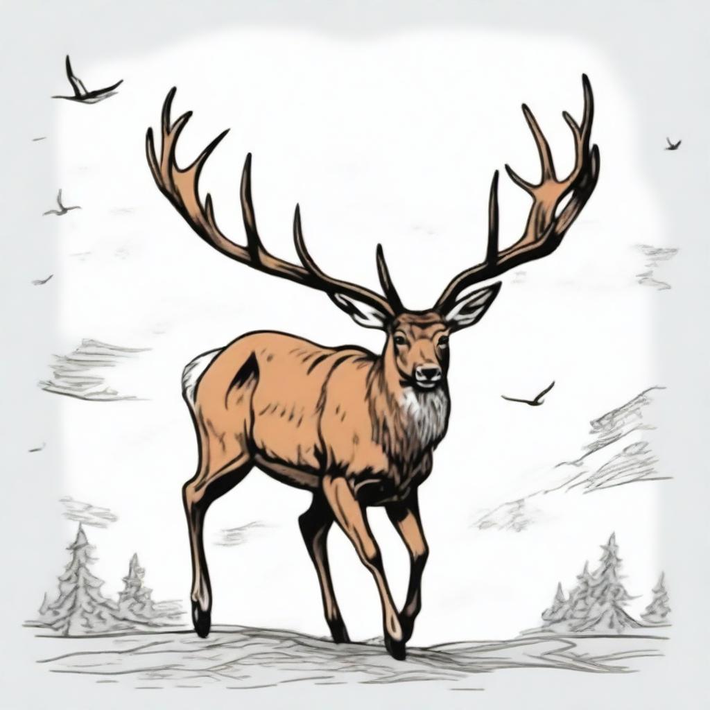 A high-quality, colored manga-style digital art image showcasing a majestic, full-bodied deer with a large, imposing antler, leaping in mid-air