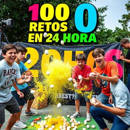 An energetic scene featuring a group of teenage boys engaging in fun challenges, particularly focused on exploding eggs