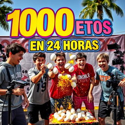 An energetic scene featuring a group of teenage boys engaging in fun challenges, particularly focused on exploding eggs