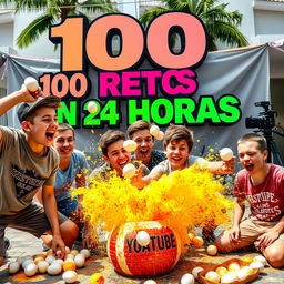 An energetic scene featuring a group of teenage boys engaging in fun challenges, particularly focused on exploding eggs