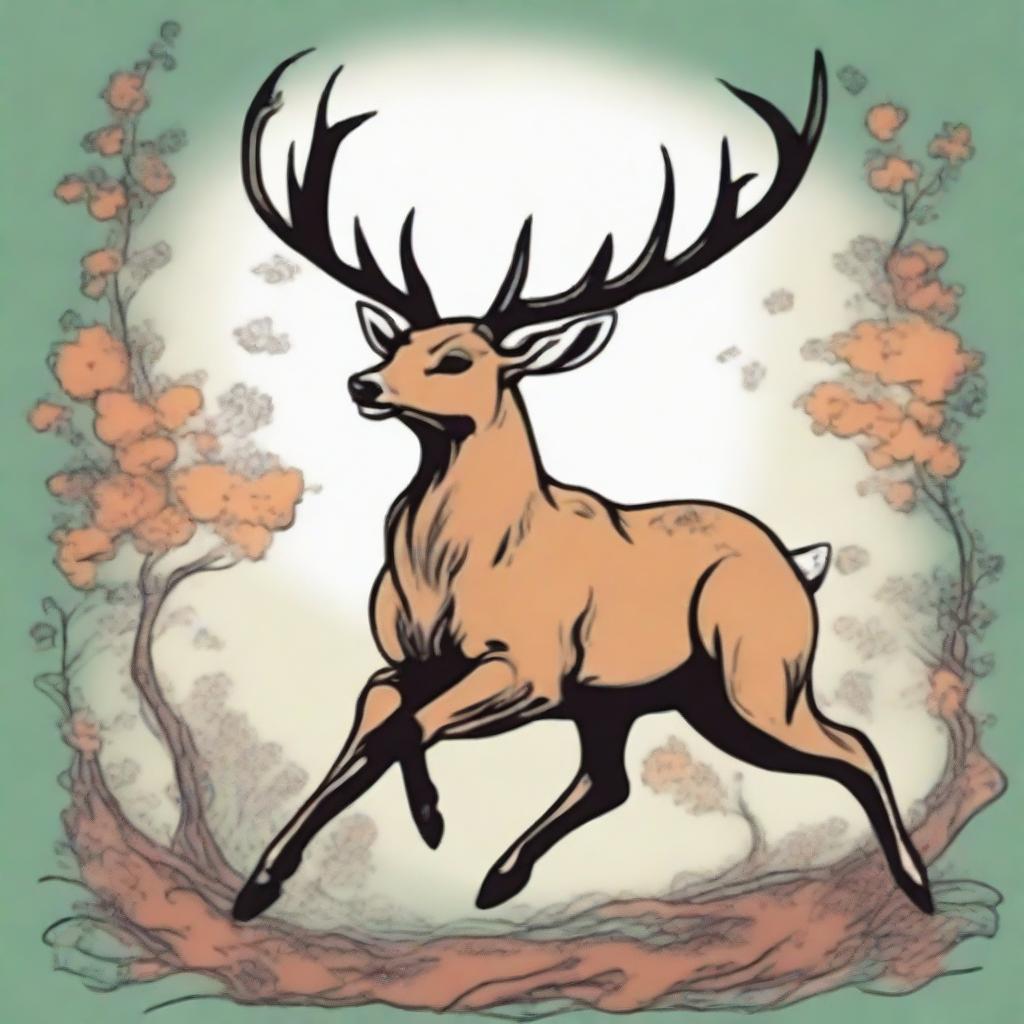 A high-quality, colored manga-style digital art image featuring a majestic, full-bodied deer with a large, imposing antler, leaping in mid-air