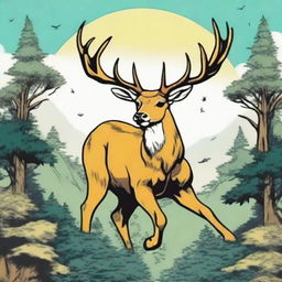 A high-quality, colored manga-style digital art image featuring a majestic, full-bodied deer with a large, imposing antler, leaping in mid-air