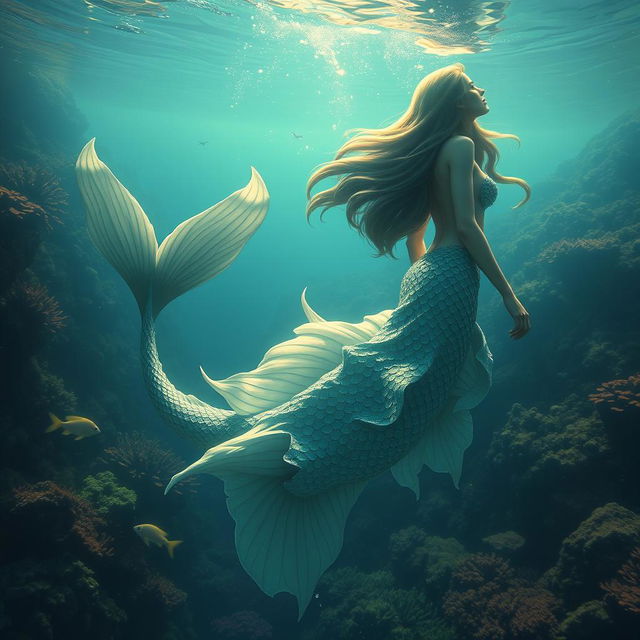 A captivating siren with an entrancing voice, depicted as a beautiful being that is half woman and half fish
