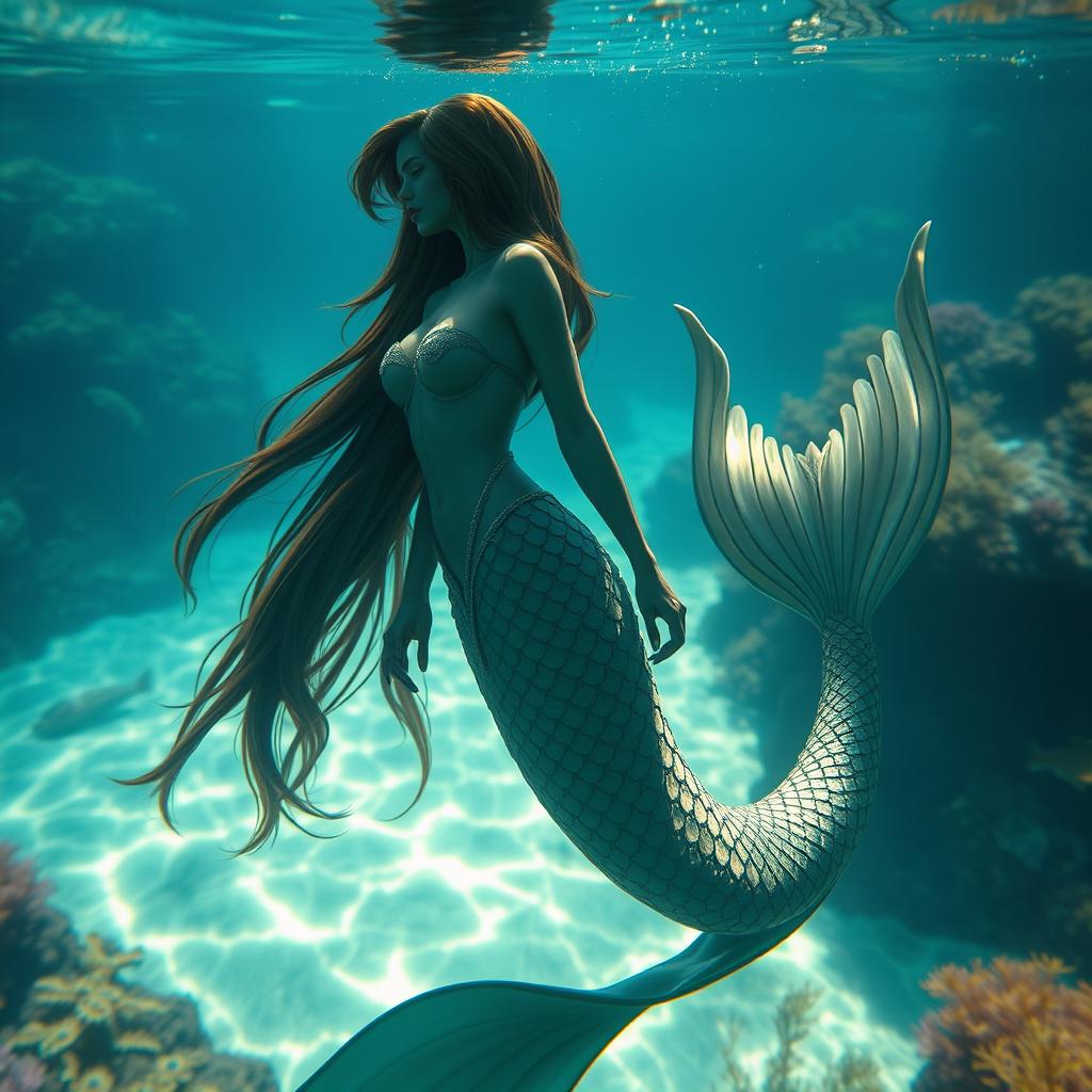 A captivating siren with an entrancing voice, depicted as a beautiful being that is half woman and half fish