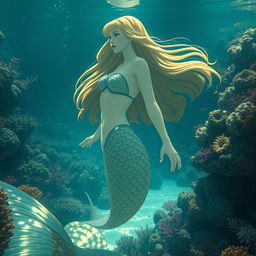 A captivating siren with an entrancing voice, depicted as a beautiful being that is half woman and half fish