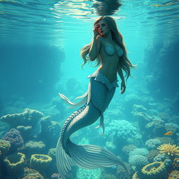 A captivating siren with an entrancing voice, depicted as a beautiful being that is half woman and half fish