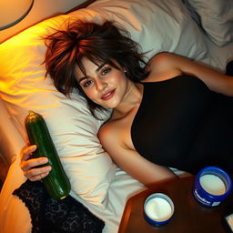 A 25-year-old brunette woman with messy hair, wearing a stylish black one-shoulder mini dress, is lying full-length on her bed