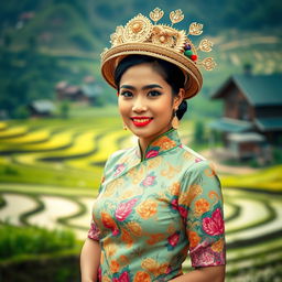 A beautiful Sundanese woman wearing a traditional kebaya, elegantly showcasing the intricate patterns and vibrant colors of the fabric