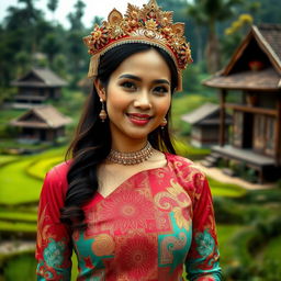 A beautiful Sundanese woman wearing a traditional kebaya, elegantly showcasing the intricate patterns and vibrant colors of the fabric