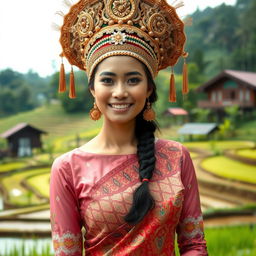 A beautiful Sundanese woman wearing a traditional kebaya, elegantly showcasing the intricate patterns and vibrant colors of the fabric