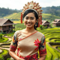 A beautiful Sundanese woman wearing a traditional kebaya, elegantly showcasing the intricate patterns and vibrant colors of the fabric
