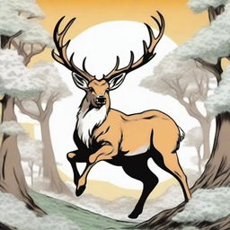 A high-quality, colored manga-style digital art image featuring a majestic, full-bodied deer with a large, imposing antler, leaping in mid-air