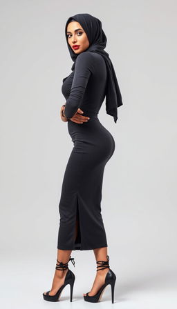 A modern Arab woman in her 40s with white skin and a fit European physique, depicted in a side view full body portrait