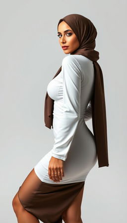 A modern Arab woman in her 40s with white skin and a fit European physique, depicted in a side view full body portrait